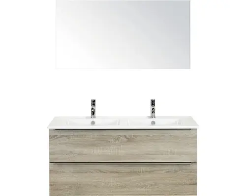 Badmöbel-Set Sanox Pulse Keramik 170x121x51 cm Keramikwaschbecken Eiche grau mit Spiegel