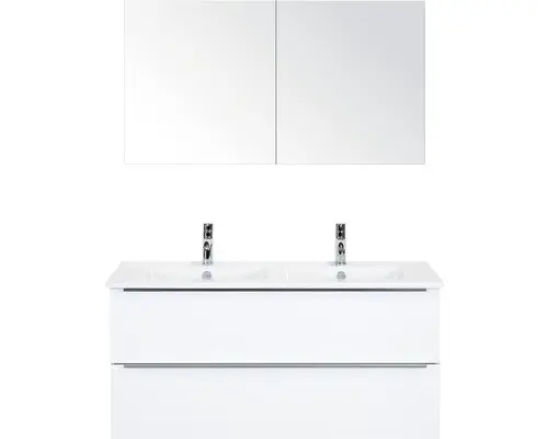 Badmöbel-Set Sanox Pulse Keramik 170x121x51 cm Keramikwaschbecken weiß hochglanz mit Spiegelschrank