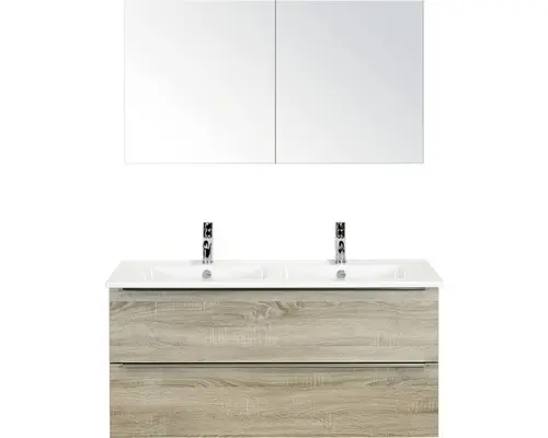 Badmöbel-Set Sanox Pulse Keramik 170x121x51 cm Keramikwaschbecken Eiche grau mit Spiegelschrank