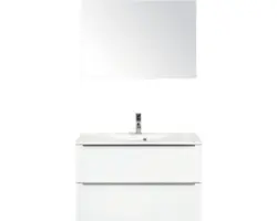 Badmöbel-Set Sanox Pulse Mineralguss 170x90x50 cm Mineralgusswaschbecken weiß hochglanz mit Spiegel