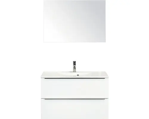 Badmöbel-Set Sanox Pulse Mineralguss 170x90x50 cm Mineralgusswaschbecken weiß hochglanz mit Spiegel