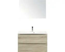 Badmöbel-Set Sanox Pulse Mineralguss 170x90x50 cm Mineralgusswaschbecken Eiche grau mit Spiegel
