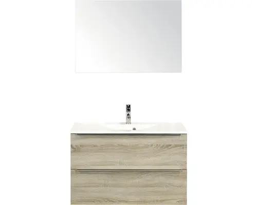Badmöbel-Set Sanox Pulse Mineralguss 170x90x50 cm Mineralgusswaschbecken Eiche grau mit Spiegel