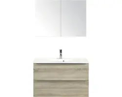 Badmöbel-Set Sanox Pulse Mineralguss 170x90x50 cm Mineralgusswaschbecken Eiche grau mit Spiegelschrank