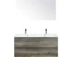 Badmöbel-Set Sanox Pulse Mineralguss 170x120x50 cm Mineralgusswaschbecken Nebraska Eiche mit Spiegel