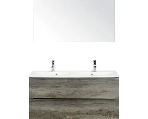 Badmöbel-Set Sanox Pulse Mineralguss 170x120x50 cm Mineralgusswaschbecken Nebraska Eiche mit Spiegel