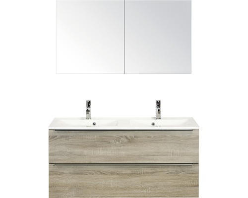 Badmöbel-Set Sanox Pulse Mineralguss 170x120x50 cm Mineralgusswaschbecken Eiche grau mit Spiegelschrank