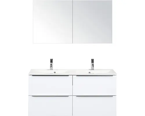 Badmöbel-Set Sanox Pulse Mineralguss 170x120x50 cm Mineralgusswaschbecken 4 Schubladen weiß hochglanz mit Spiegelschrank