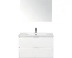 Badmöbel-Set Sanox Porto Keramik 170x91x51 cm Keramikwaschbecken 2 Schubladen weiß hochglanz mit Spiegel