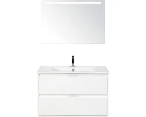 Badmöbel-Set Sanox Porto Keramik 170x91x51 cm Keramikwaschbecken weiß glänzend mit LED-Beleuchtung