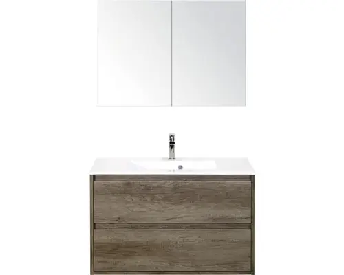 Badmöbel-Set Sanox Porto Mineralguss 170x90x50 cm Mineralgusswaschbecken Nebraska Eiche mit Spiegelschrank