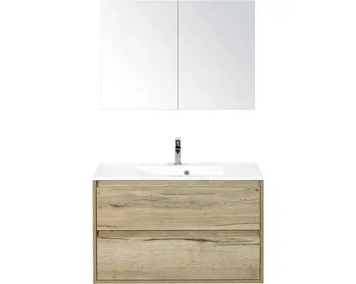 Badmöbel-Set Sanox Porto Mineralguss 170x90x50 cm Mineralgusswaschbecken Eiche natur mit Spiegelschrank