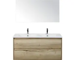 Badmöbel-Set Sanox Porto Keramik 170x121x51 cm Doppelwaschbecken 2 Schubladen eiche natur mit Spiegel
