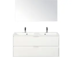 Badmöbel-Set Sanox Porto Mineralguss 170x120x50 cm Doppel-Mineralgusswaschbecken weiß hochglanz mit Spiegel