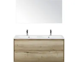 Badmöbel-Set Sanox Porto Mineralguss 170x120x50 cm Doppel-Mineralgusswaschbecken Eiche natur mit Spiegel