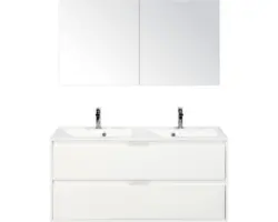 Badmöbel-Set Sanox Porto Mineralguss 170x120x50 cm mit Doppel-Mineralgusswaschbecken weiß hochglanz mit Spiegelschrank