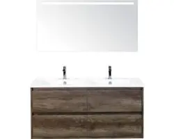Badmöbel-Set Sanox Porto Keramik 170x121x51 cm Doppel-Keramikwaschbecken 4 Schubladen Nebraska Eiche mit LED-Beleuchtung
