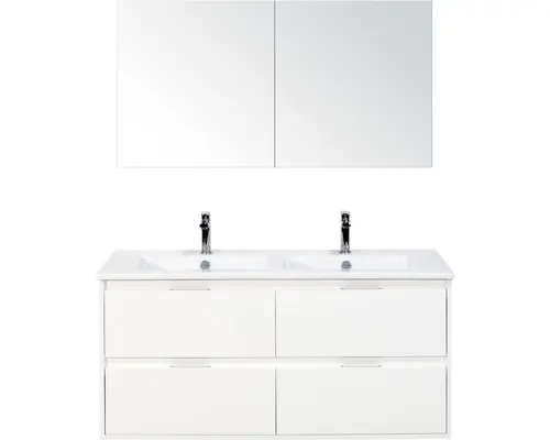 Badmöbel-Set Sanox Porto Keramik 170x121x51 cm Doppel-Keramikwaschbecken 4 Schubladen weiß hochglanz mit Spiegelschrank