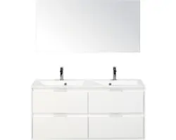 Badmöbel-Set Sanox Porto Mineralguss 170x120x50 cm Doppel-Mineralgusswaschbecken 4 Schubladen weiß hochglanz mit Spiegel