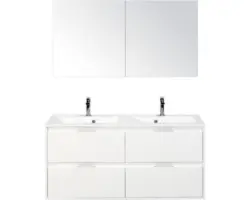 Badmöbel-Set Sanox Porto Mineralguss 170x120x50 cm mit Doppel-Mineralgusswaschbecken 4 Schubladen weiß hochglanz mit Spiegelschrank