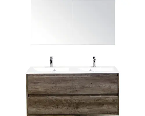 Badmöbel-Set Sanox Porto Mineralguss 170x120x50 cm mit Doppel-Mineralgusswaschbecken 4 Schubladen Nebraska Eiche mit Spiegelschrank
