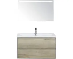 Badmöbel-Set Sanox Evora Keramik 170x100x45,5 cm Keramikwaschbecken eiche natur mit LED-Beleuchtung