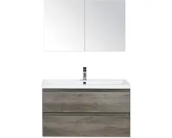 Badmöbel-Set Sanox Evora Keramik 170x100x45,5 cm Keramikwaschbecken Nebraska Eiche mit Spiegelschrank