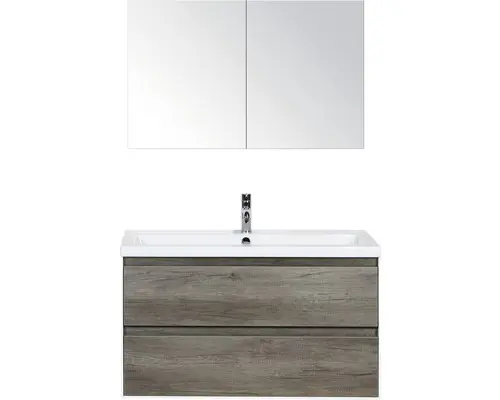 Badmöbel-Set Sanox Evora Keramik 170x100x45,5 cm Keramikwaschbecken Nebraska Eiche mit Spiegelschrank