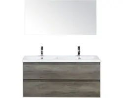 Badmöbel-Set Sanox Evora Keramik 170x120x45,5 cm Doppel-Keramikwaschbecken 2 Becken Nebraska Eiche mit Spiegel