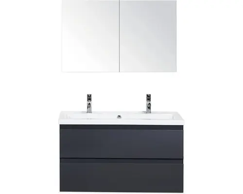 Badmöbel-Set Sanox Evora Keramik 170x100x45,5 cm Doppel-Keramikwaschbecken Anthrazit matt mit Spiegelschrank