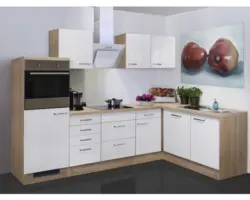 Winkelküche Flex Well Valero weiß Hochglanz/Sonoma Eiche 280x170 cm inkl. Einbaugeräte