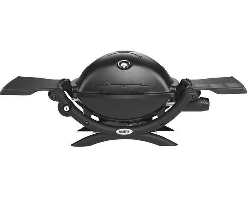 Weber Gasgrill Q 1200 Black, 1 Edelstahlbrenner 2,49 kW Grillbereich 43 x 32 cm Grillrost aus Gusseisen, Deckel und Gehäuse aus Aluguss inkl. integriertes Thermometer, Elektronische Zündung, zwei Klapptische, Fettauffangschale