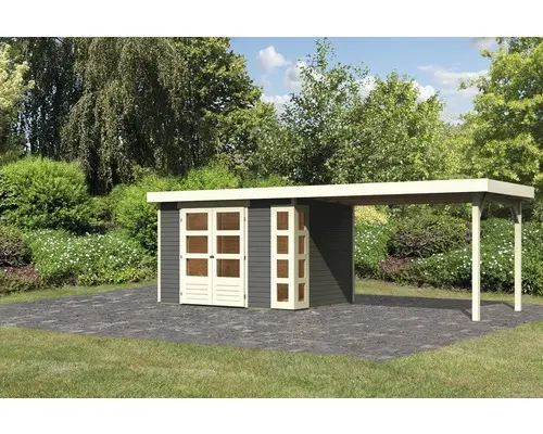 Gartenhaus Karibu Naomi 4 inkl. Anbaudach 2,8 m 557x209 cm terragrau