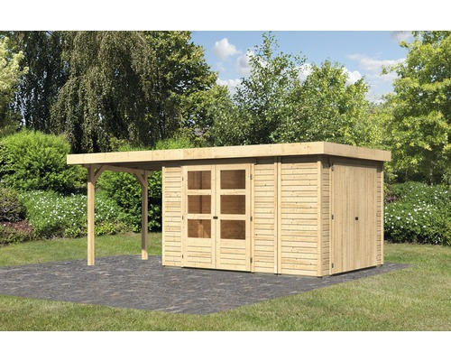 Gartenhaus Karibu Karola 4 inkl. Anbauschrank und Anbaudach 2,4 m 537x238 cm natur