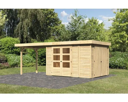 Gartenhaus Karibu Karola 4 inkl. Anbauschrank und Anbaudach 2,8 m 572x238 cm natur