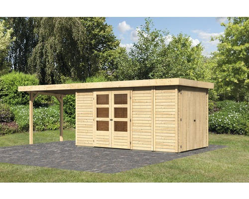 Gartenhaus Karibu Karola 5 inkl. Anbauschrank und Anbaudach 2,8 m 632x217 cm natur