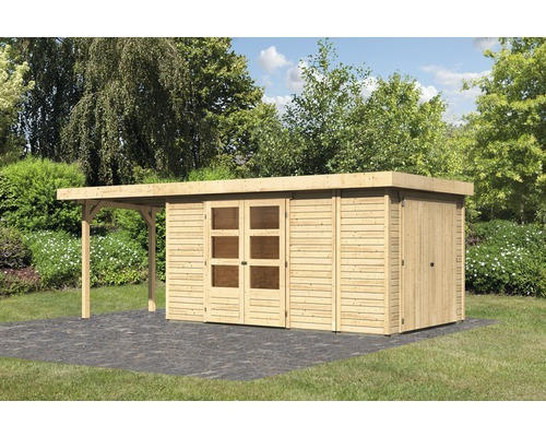 Gartenhaus Karibu Karola 6 inkl. Anbauschrank und Anbaudach 2,4 m 601x246 cm natur