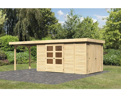 Gartenhaus Karibu Karola 6 inkl. Anbauschrank und Anbaudach 2,8 m 636x246 cm natur