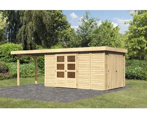 Gartenhaus Karibu Karola 6 inkl. Anbauschrank und Anbaudach 2,8 m 636x246 cm natur