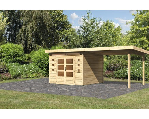 Gartenhaus Konsta Landau 6 mit Anbau 2,95 m 566 x 274 cm natur