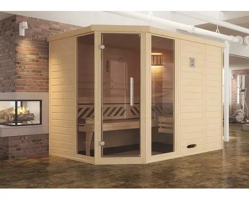 Massivholzsauna Weka Kemi Eck GTF Gr.2 inkl. 7,5 kW Ofen u.digitaler Steuerung mit Fenster und graphitfarbiger Ganzglastüre