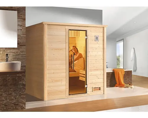 Massivholzsauna Weka Bergen GT Gr.1 inkl. 7,5 kW Ofen u.digitaler Steuerung mit graphitfarbiger Ganzglastüre