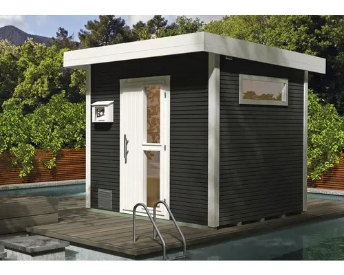 Saunahaus Weka Kuopio inkl.9 kW Bio Ofen u.ext.Steuerung mit Holztüre und Isolierglas wärmegedämmt anthrazit/weiß