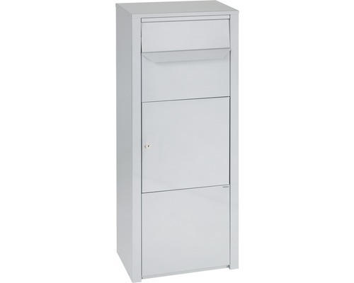 MEFA Paketbriefkasten Stahl pulverbeschichtet BxHxT 352/952/200 mm Rowan 471 Weißaluminium RAL 9006 mit Klappe Entnahme vorne