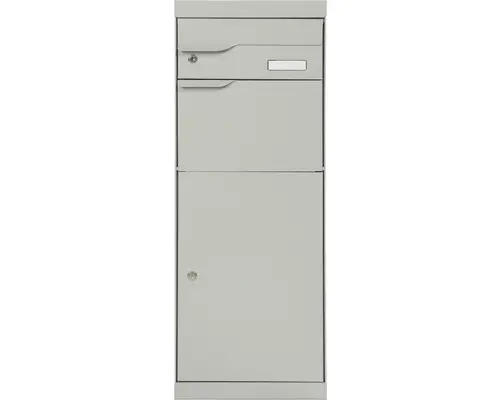 MEFA Paketbriefkasten Stahl pulverbeschichtet BxHxT 402/1094/310 mm Etna 771 Weißaluminium RAL 9006 Entnahme vorne 2-fach mit Namensschild