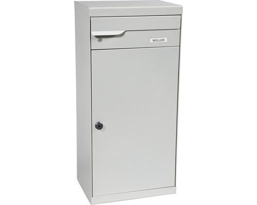 MEFA Paketbriefkasten Stahl pulverbeschichtet BxHxT 510/1100/390 mm Fuego 991 Weißaluminium RAL 9006 Entnahme vorne 2-fach mit Namensschild