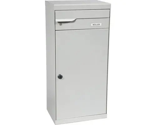 MEFA Paketbriefkasten Stahl pulverbeschichtet BxHxT 510/1100/390 mm Fuego 991 Weißaluminium RAL 9006 Entnahme vorne 2-fach mit Namensschild