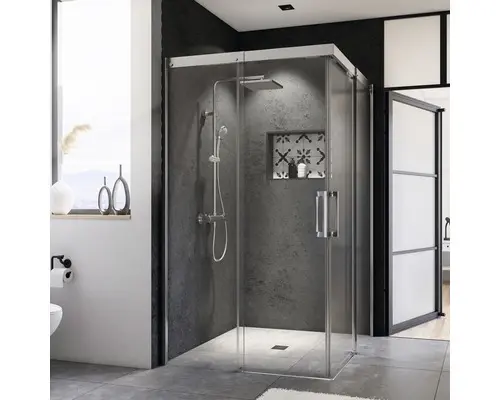 Eckeinstieg mit Schiebetür Breuer Panorama Radius 550 mm 900x900x2000 mm Klarglas, Profilfarbe chromoptik