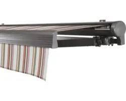 SOLUNA Halbkassettenmarkise Comfort 4,5x2 Stoff Dessin D421 Gestell DB703 dunkelgrau Antrieb rechts inkl. Motor, Sonnen und Windwächter, Wandschalter