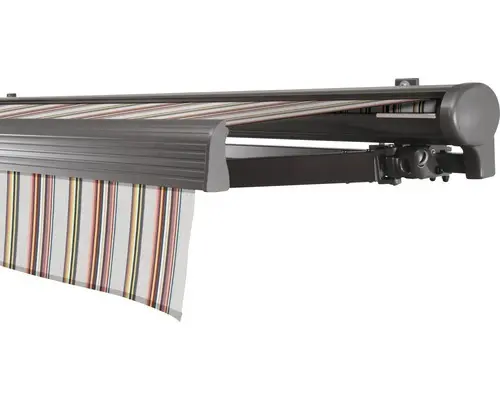SOLUNA Halbkassettenmarkise Comfort 4,5x2 Stoff Dessin D421 Gestell DB703 dunkelgrau Antrieb rechts inkl. Motor, Sonnen und Windwächter, Wandschalter